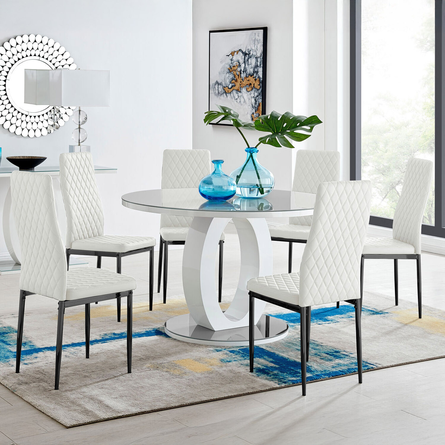 Giovani Round Grey Large 120cm Table and 6 Milan Black Leg Chairs