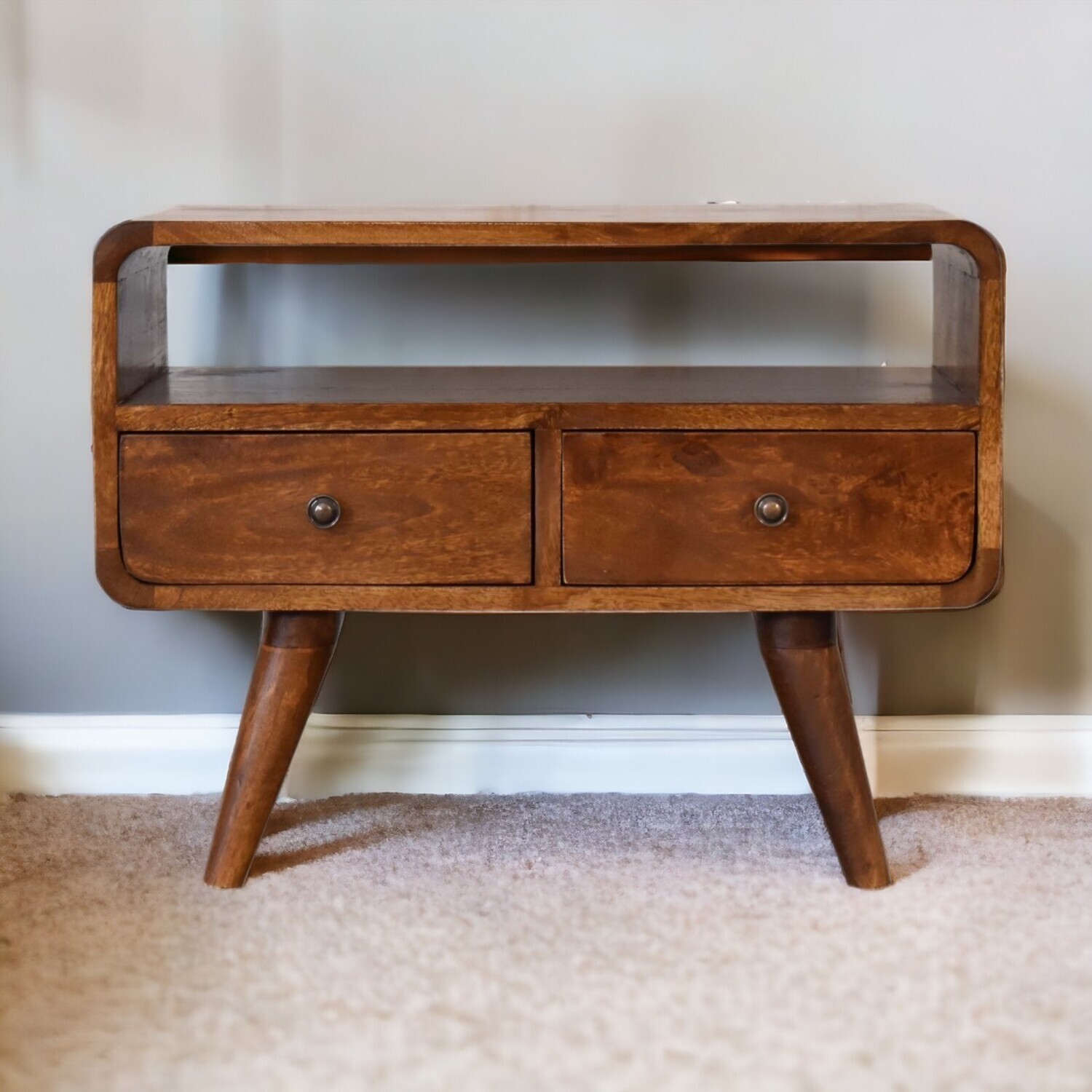 Solid Mango Wood Mini Chestnut Curved Media Unit with 2 Drawers - Brown