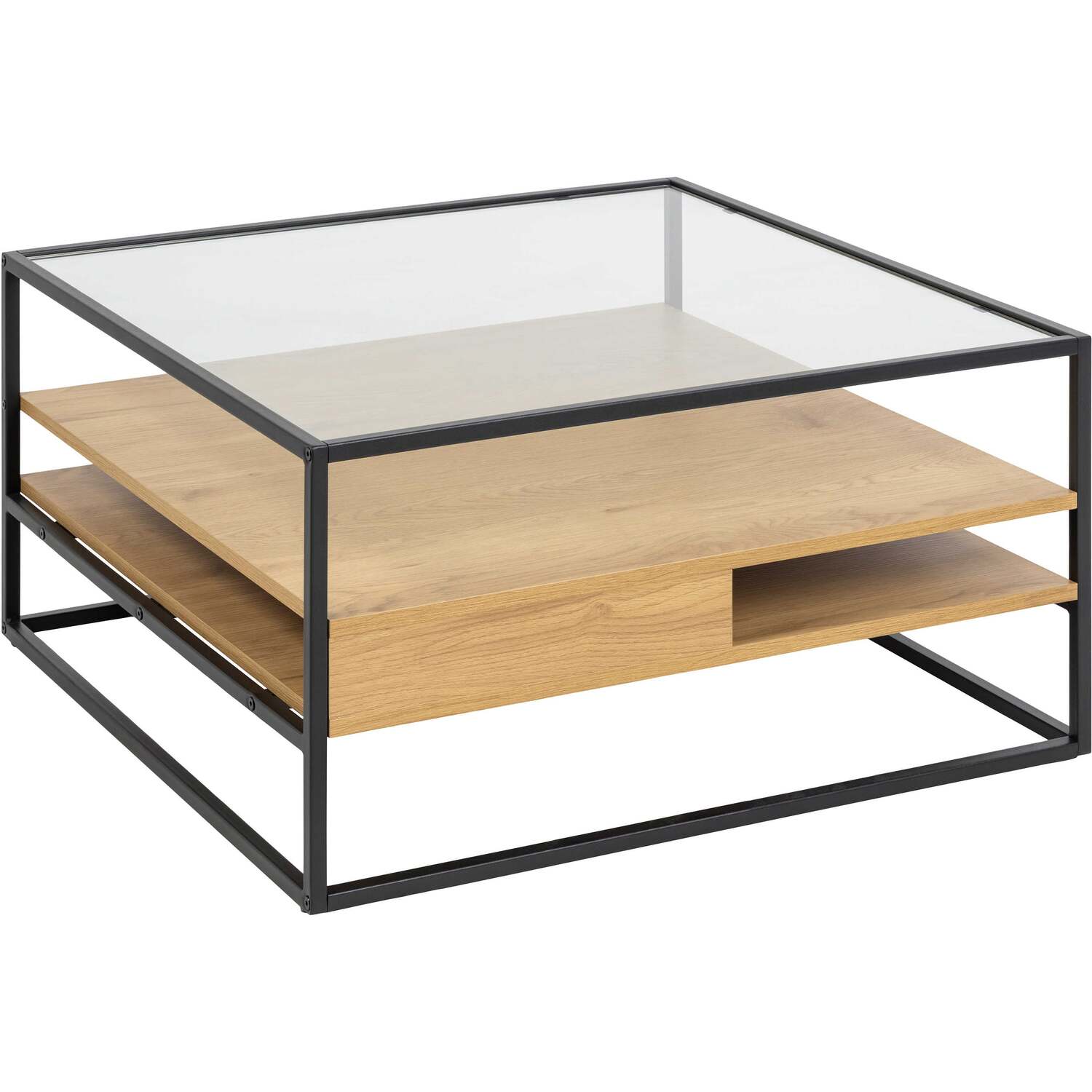 Wrenna Square Coffee Table Powder Coated Frame Tempered Glass Top Effect Shelves - Black