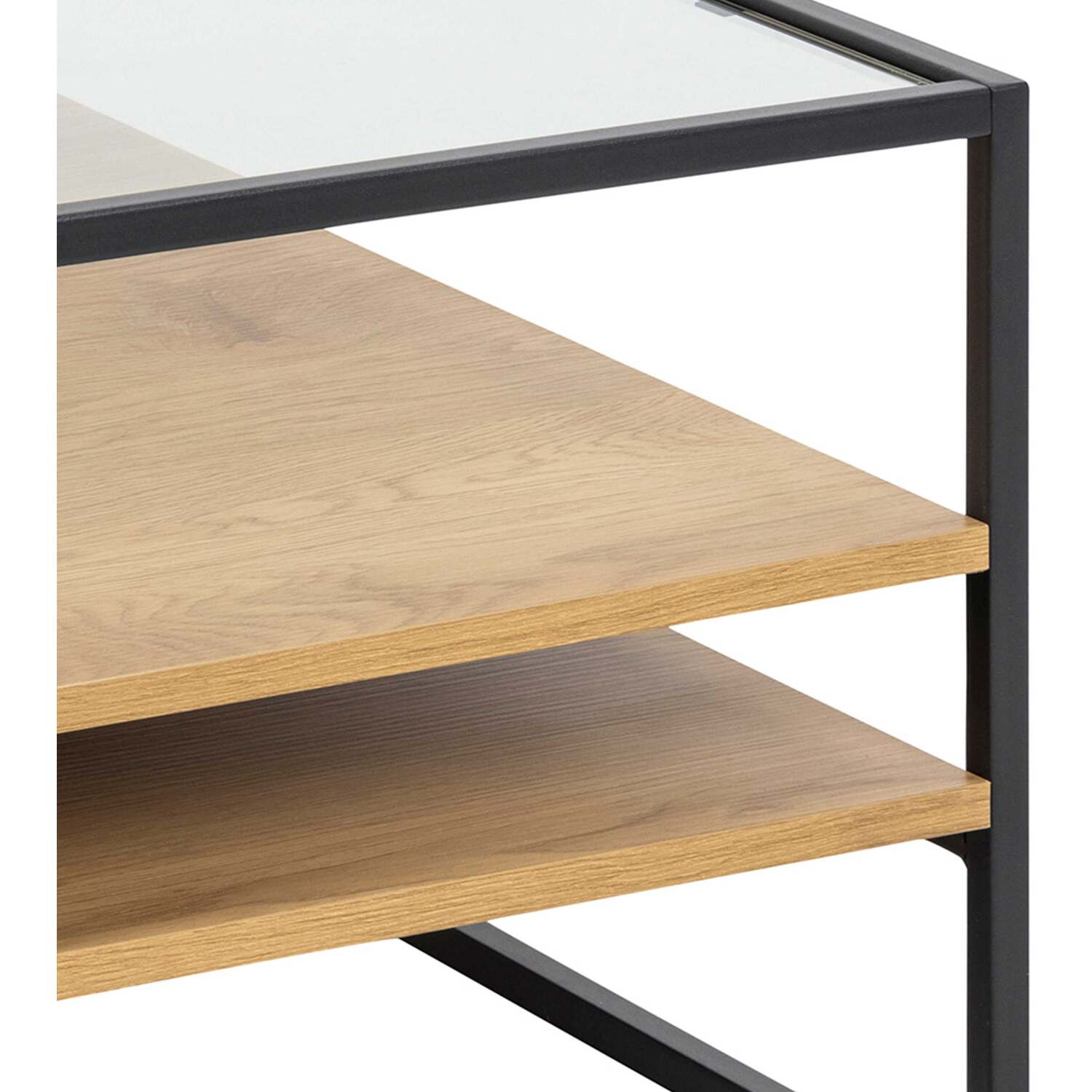 Wrenna Square Coffee Table Powder Coated Frame Tempered Glass Top Effect Shelves - Black