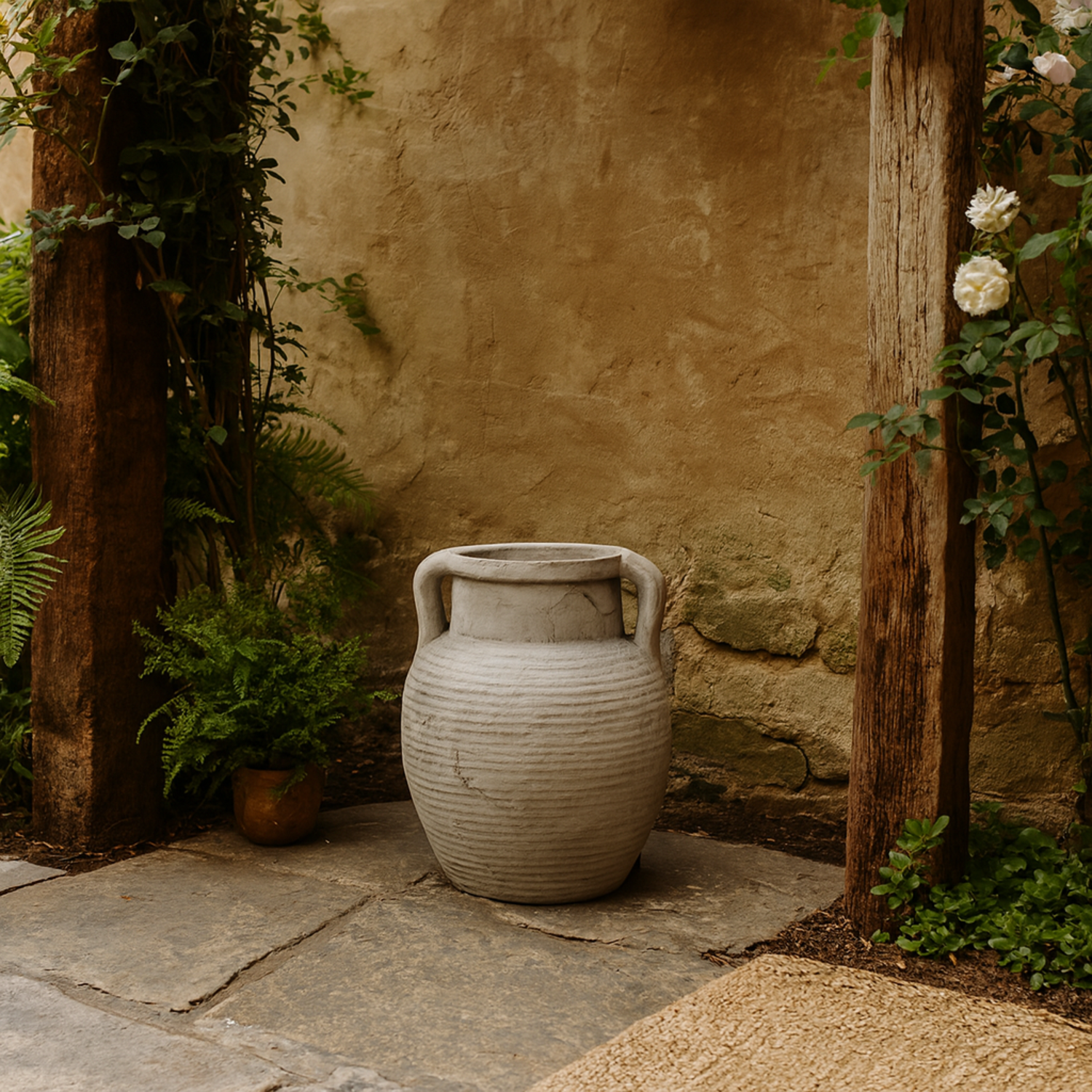 Meadowhaze Stoneware Amphora Wide Vase with Handles Soft - White