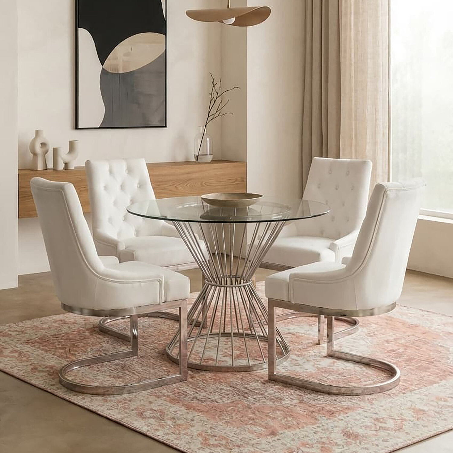 Anzio Hourglass Dining Table With Clear Glass And Silver Base - Silver