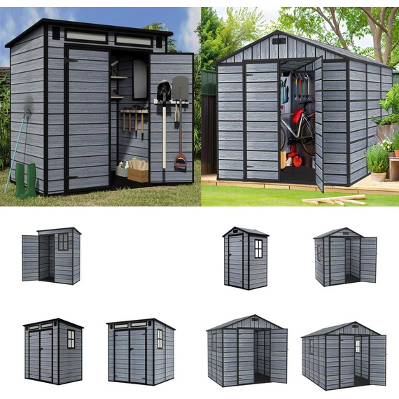 BIRCHTREE Plastic Garden Shed Wood Grain Outdoor Storage Box Tool Shed Grey