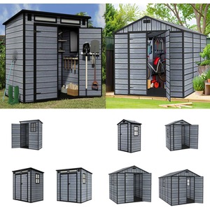 BIRCHTREE Plastic Garden Shed Wood Grain Outdoor Storage Box Tool Shed Grey