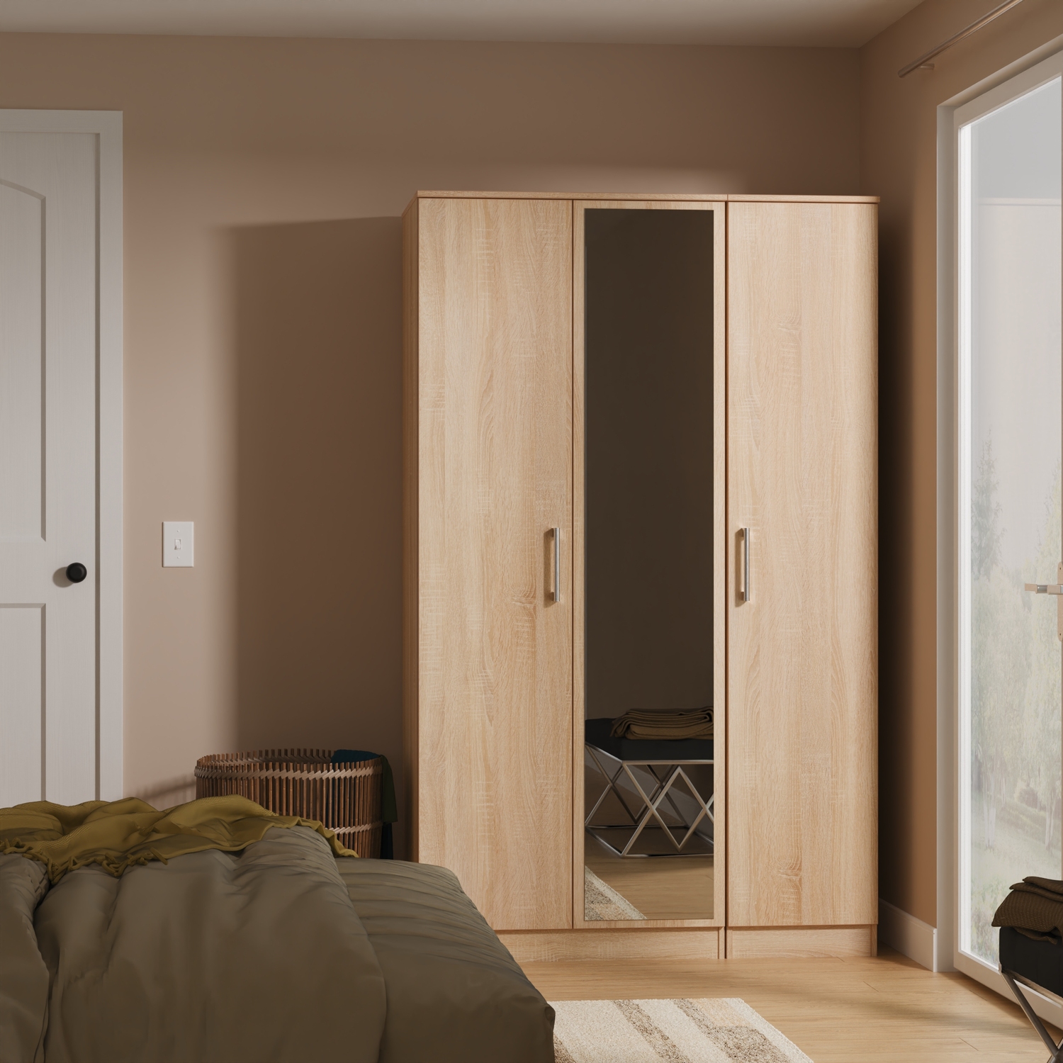 Devon Ready Assembled 3 Door Mirrored Wardrobe - Bardolino Oak