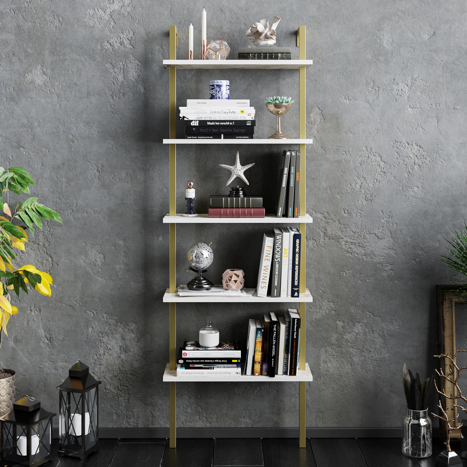 Piante 5-Tiers Modern Bookshelf - White Marble Effect and Gold