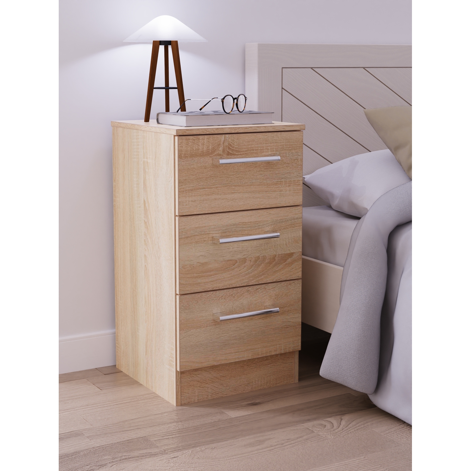 Devon Ready Assembled 3 Drawer Bedside Cabinet - Bardolino Oak