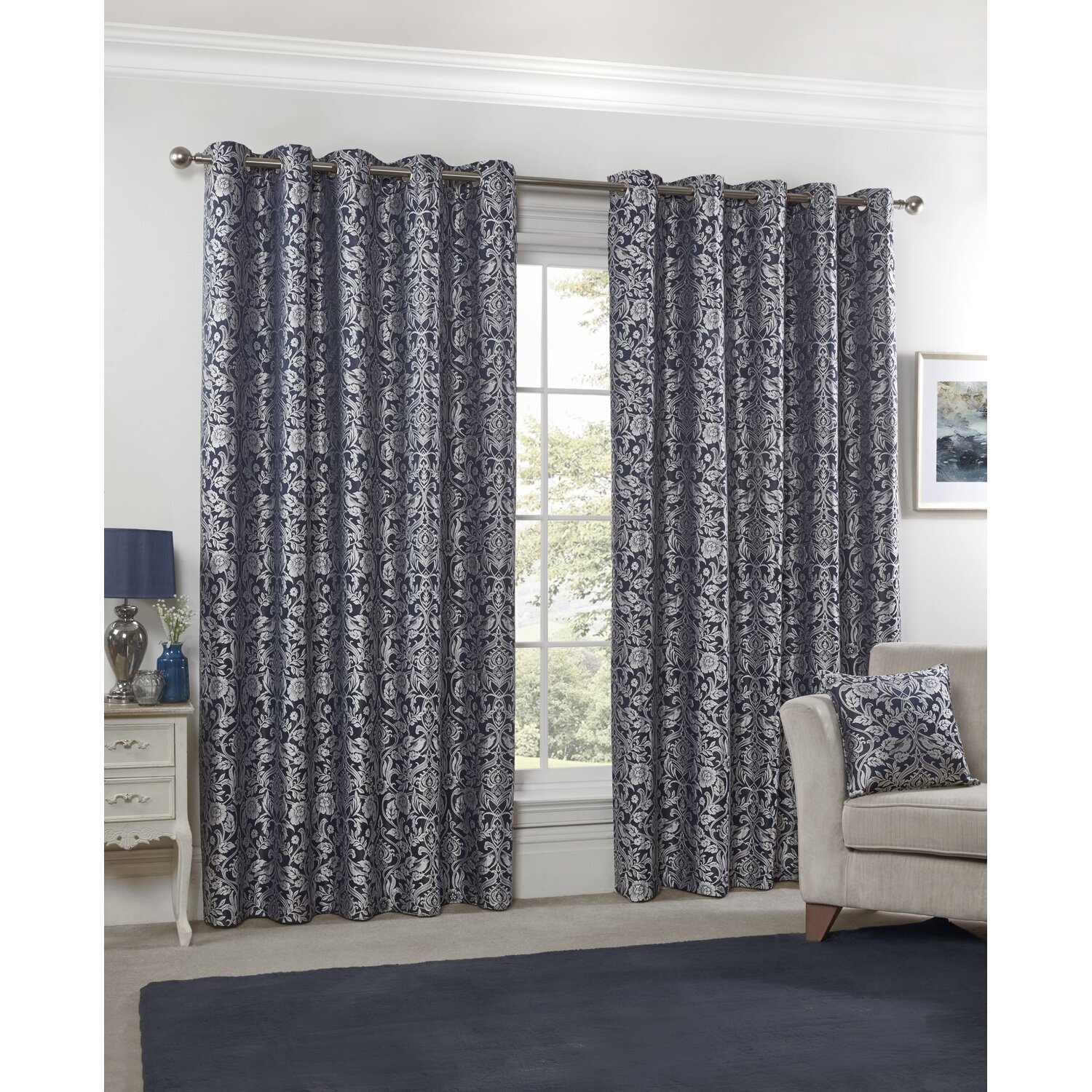 Harrow Lined Eyelet Jacquard Curtains - Navy / 116cm / 183cm