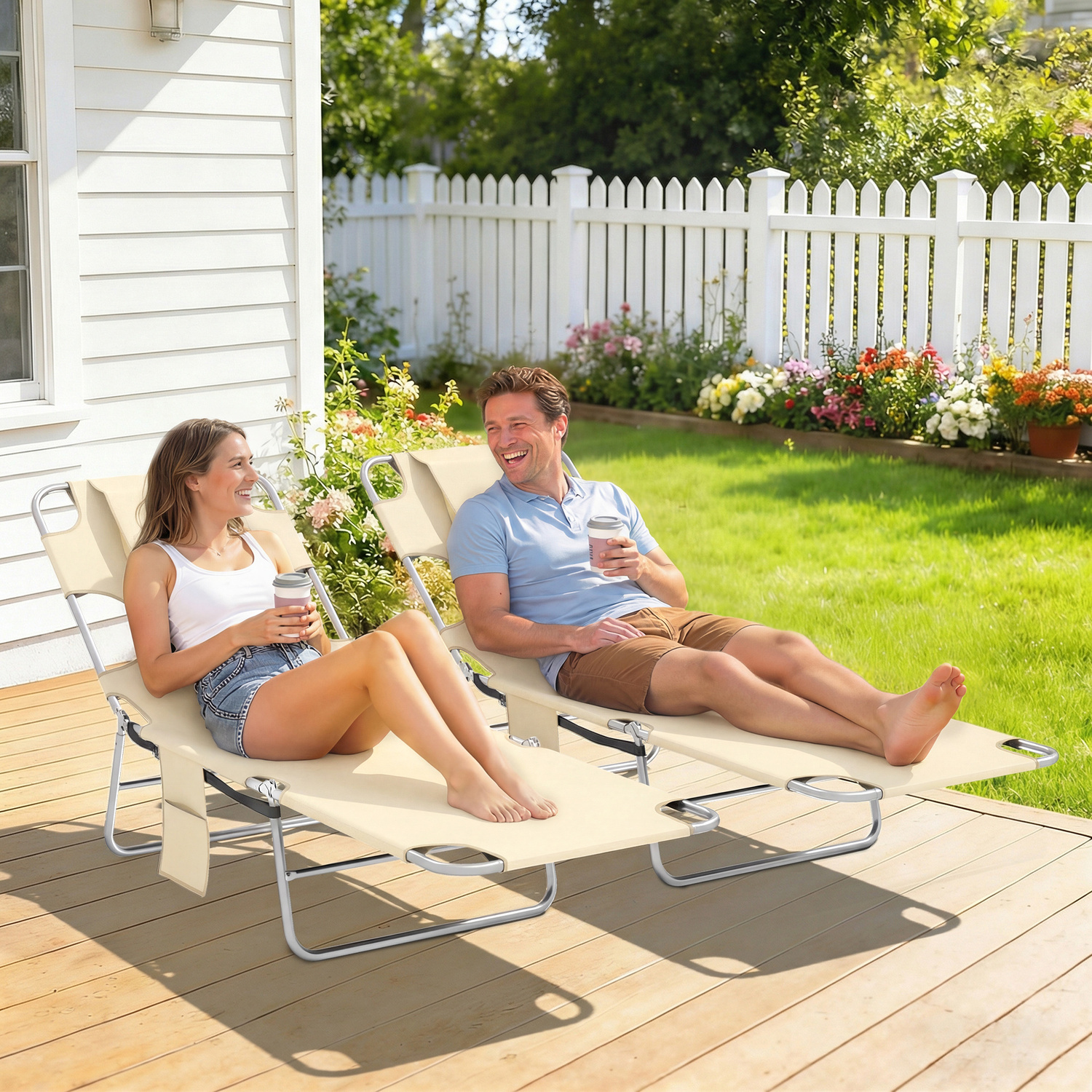 Outsunny Biege Folding Garden Sun Lounger With Reading Hole Set Of 2 - Image 5