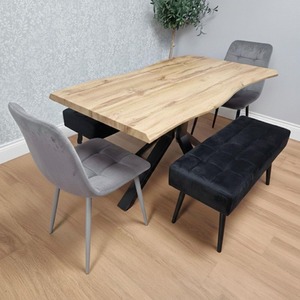 Dining Table with 2 Grey Velvet Chairs Black Padded Bench