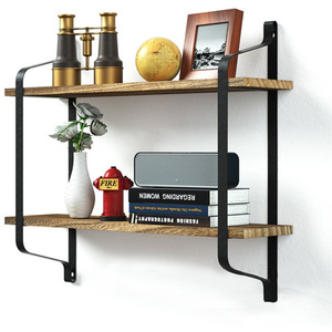 2 Tier Metal and Wood Floating Wall Shelf
