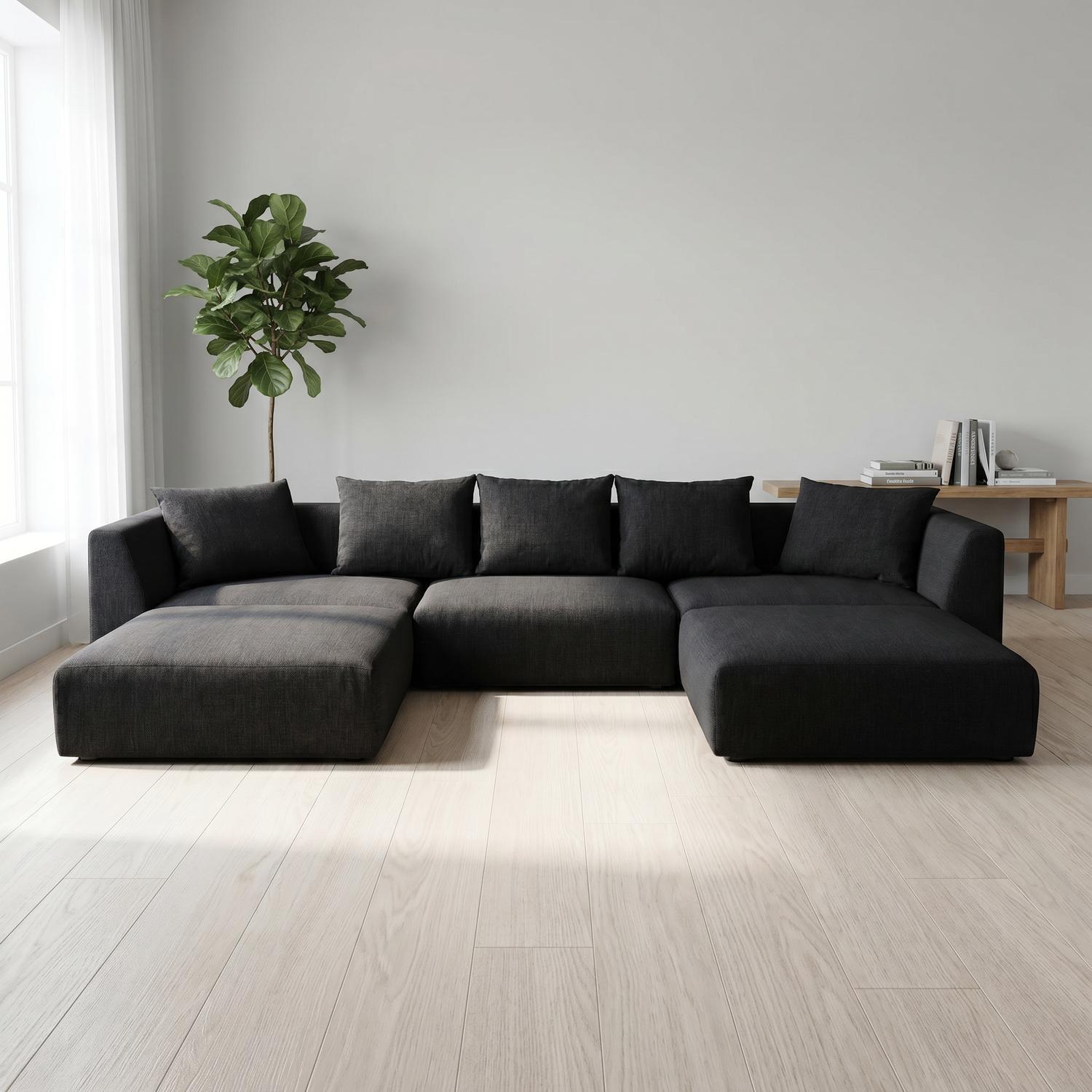 Abakus Direct Tokyo U-Shape Modular Sofa In Natural Bamboo Basket Weave Fabric With Deep Seat - Deep Black