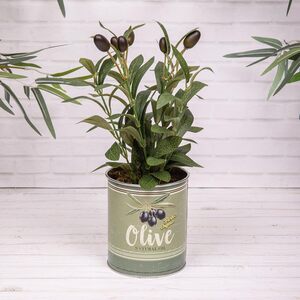 Artificial Faux Olive or Mint Plant Vintage Retro Metal Pot - Olive