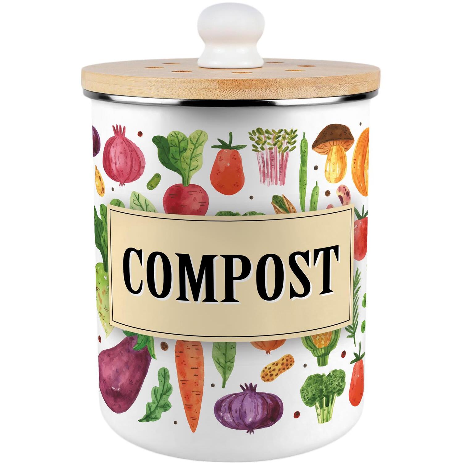Purely Home Watercolour Vegetables Compost Caddy - Metal 2L Decorative Kitchen Food Waste Bin - Green
