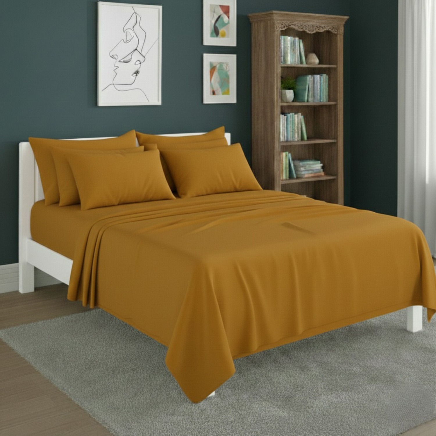 Snug City Plain Poly Cotton Easy Care Fitted Flat Sheet Matching Pillowcases Set in Mustard | Size: Double
