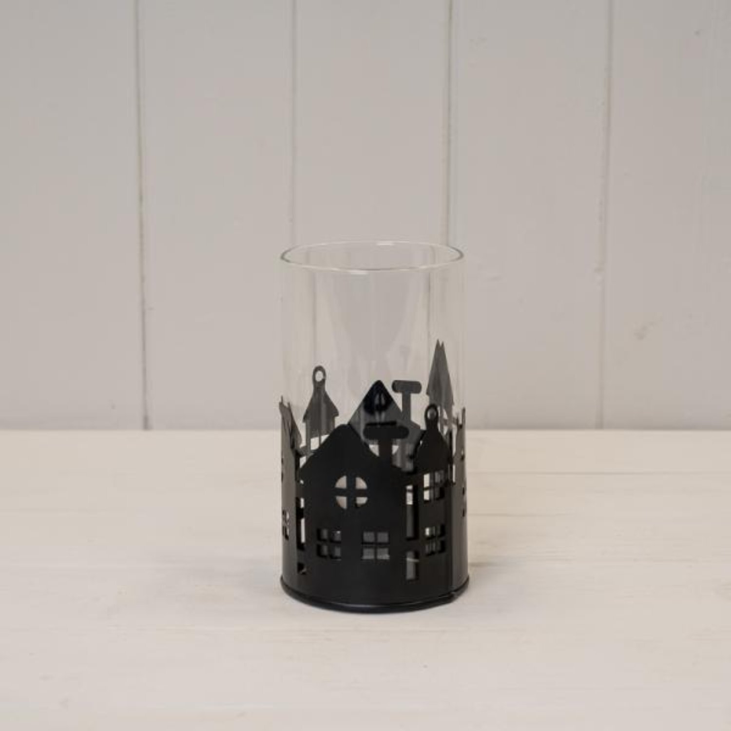 Small Black Metal House Scene Candle Holder with Glass Insert - Black