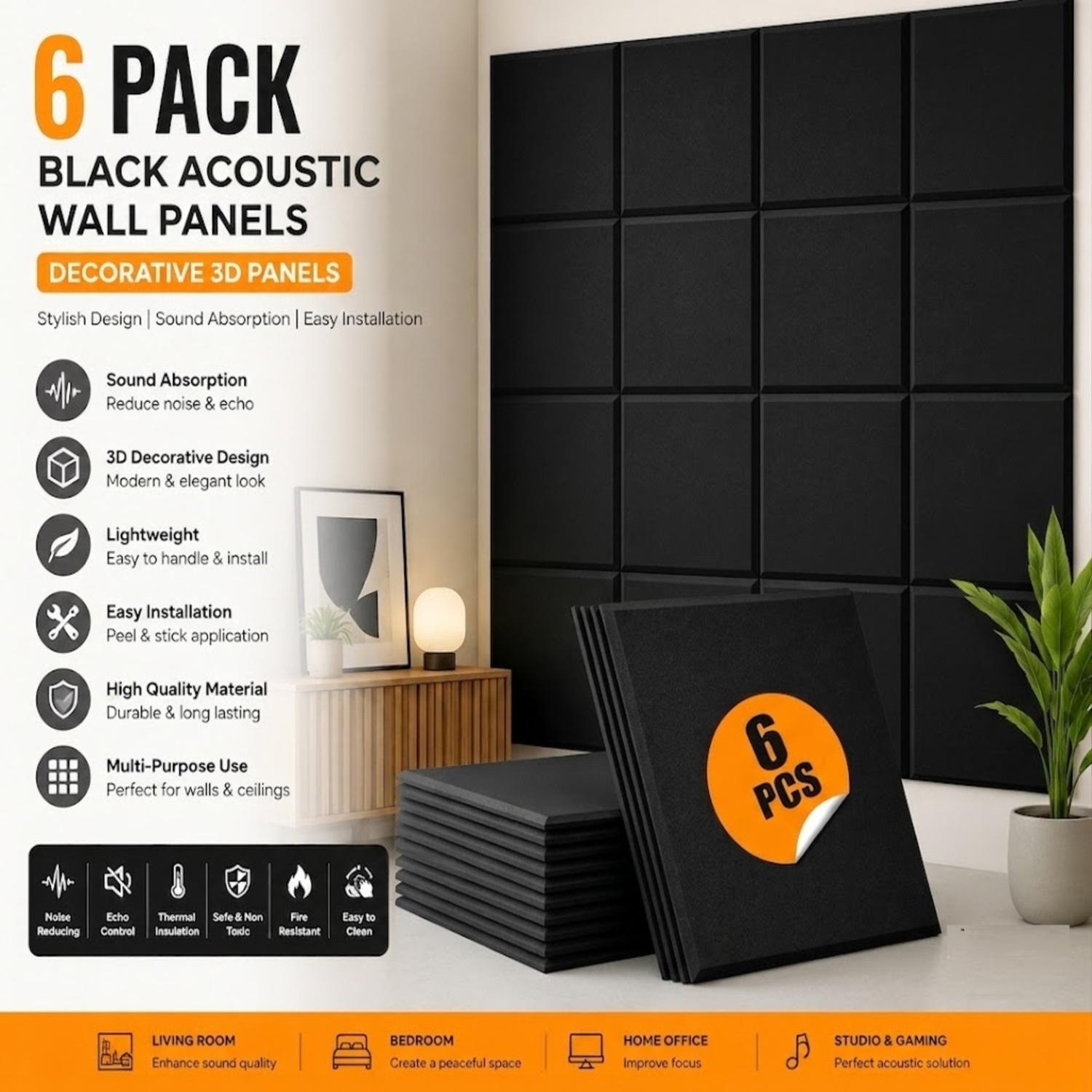 Atek 6 Pack Acoustic Wall Panels - Black