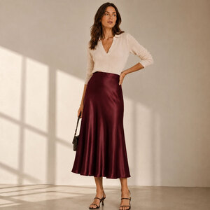 Burgendy Luxe Satin A-Line Midi Skirt