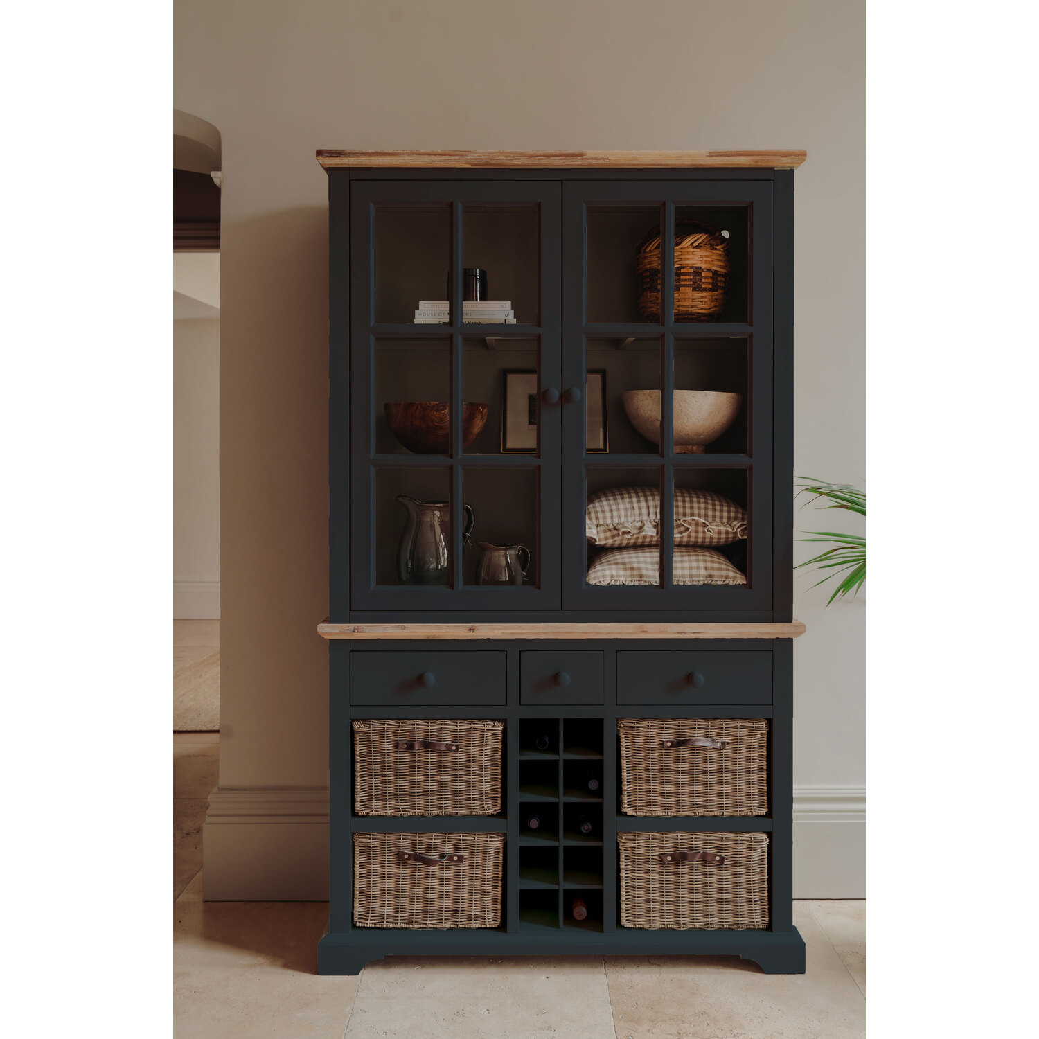 Statement Furniture Florence Glass Door Display Cabinet With Storage Baskets, Drawers And Wine Rack - White - Navy Blue