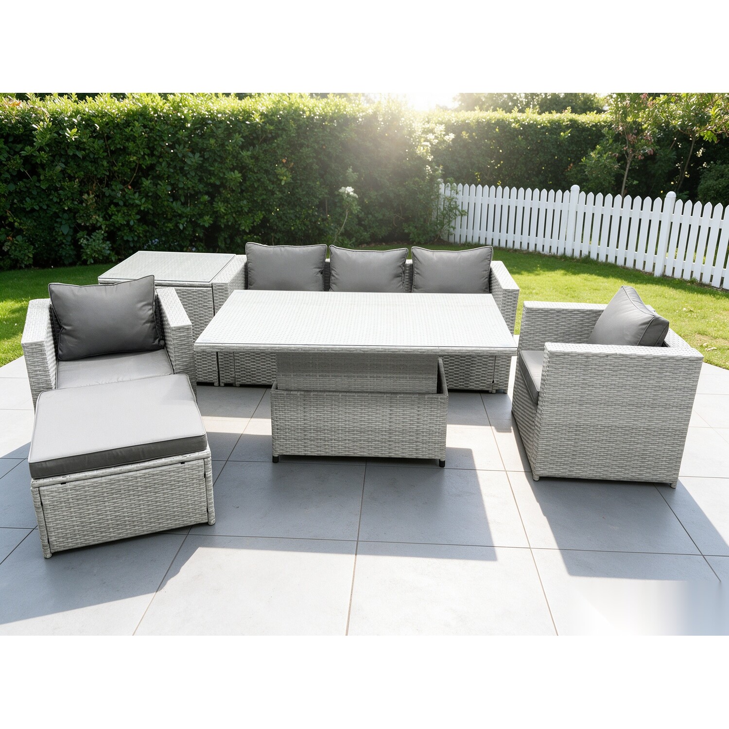 Rackhams Light/Grey/Dark Rattan Garden Funiture Set Adjustable Rising Lifting Table Sofa Dining Set With 2 Arm Chair Side Table Big Footstool - Image 2