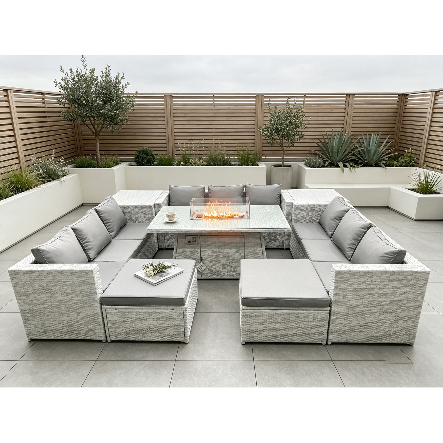 Rackhams Light/Grey 11 Seater Rattan Outdoor Garden Furniture Set With Gas Fire Pit Dining Table, 3 Sofas, 2 Side Tables, 2 Large Footstools - Image 3