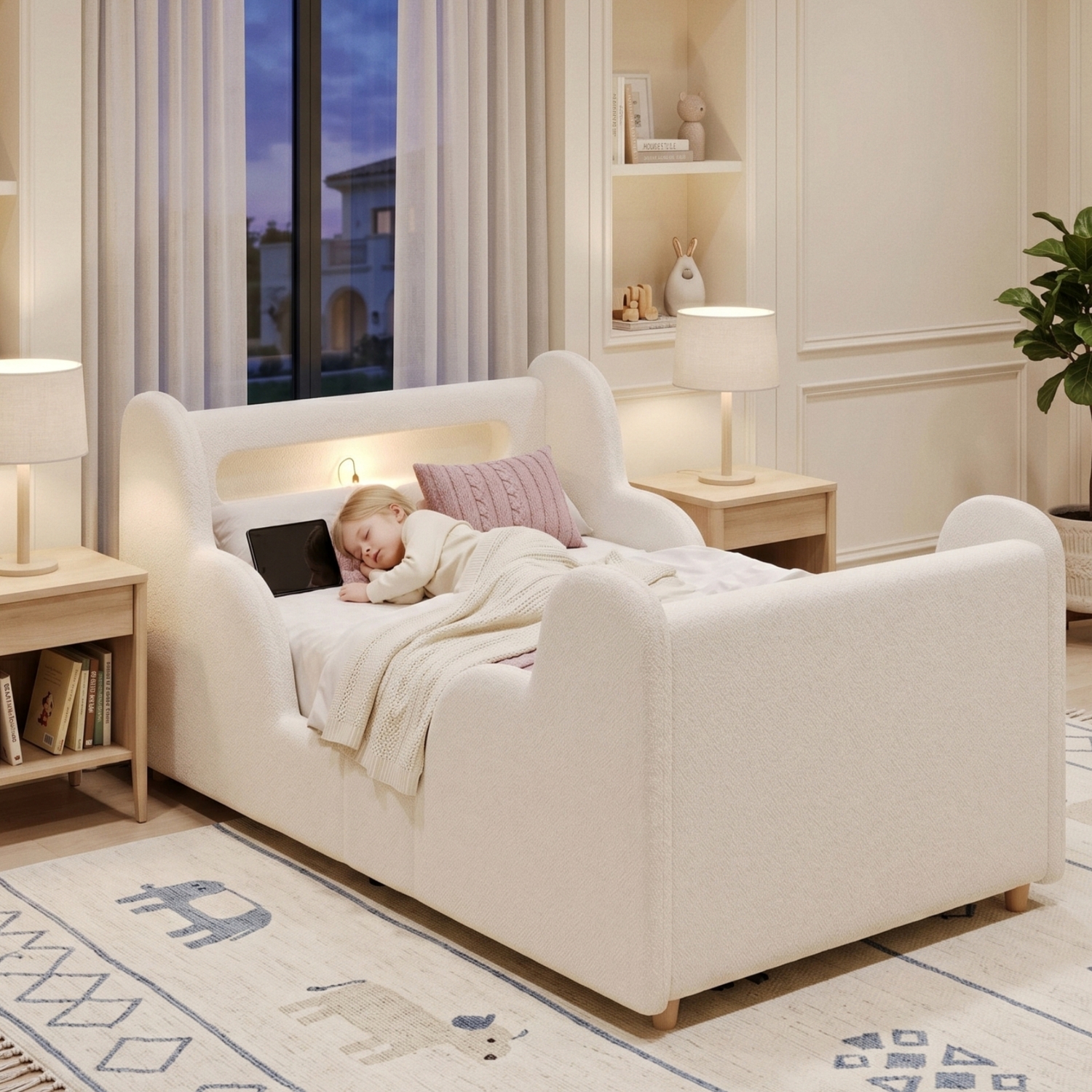 Aka Bed With Led Headboard, Safety Rails - Cream