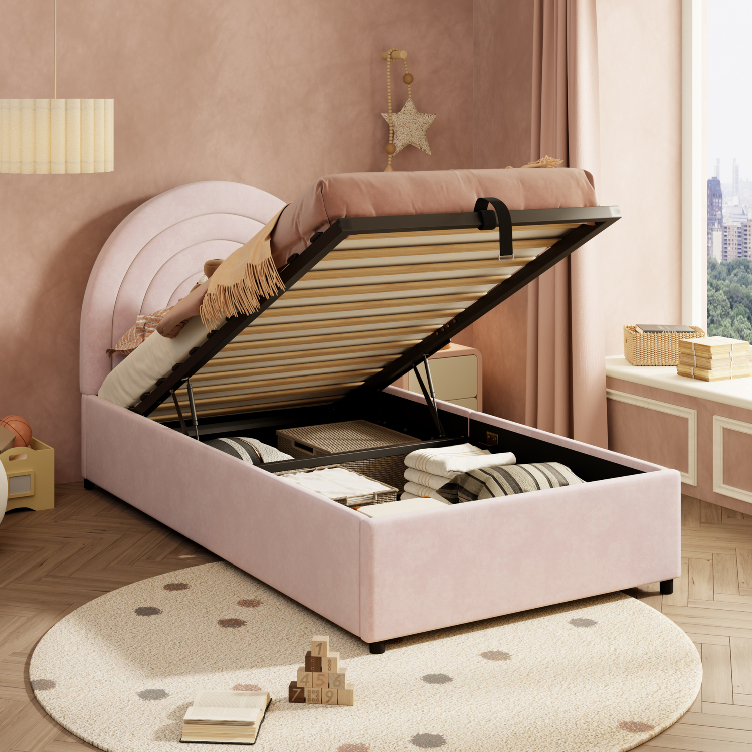 Aka Single Upholstered Bed With Slatted Frame And Headboard, Pink - Pink
