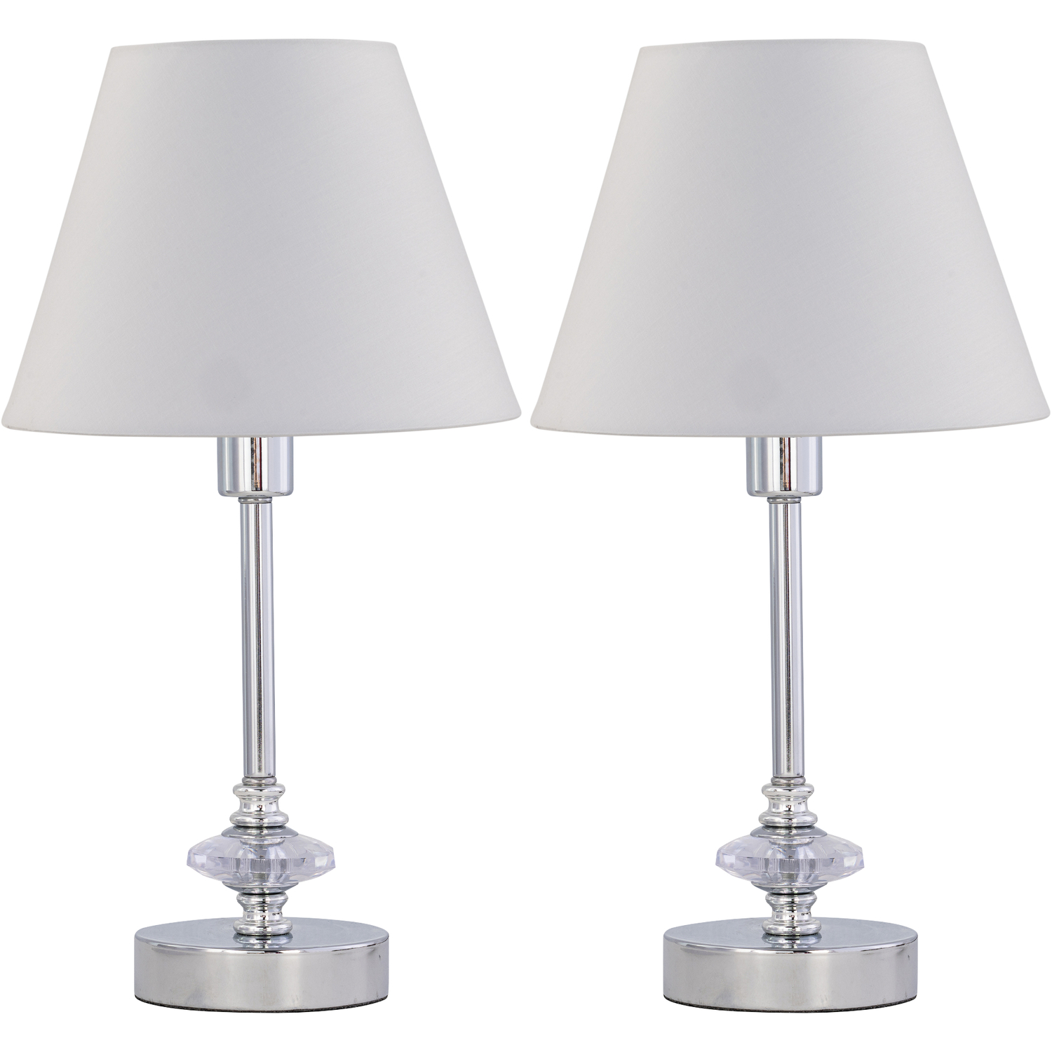 First Choice Lighting Set Of 2 Chrome Jewelled Table Lamps With Ivory Off White Shades - Chrome & White
