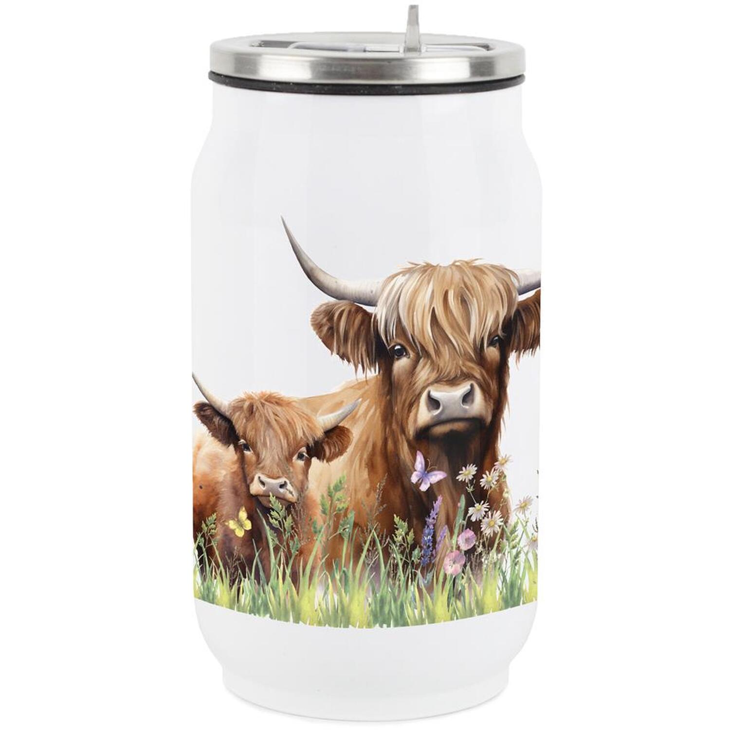 Purely Home Highland Cow & Calf Drinking Can Flask With Straw - Multi
