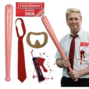 Adult Zombie Halloween Costume Accessory Set - Bat, Badge, neck tie, Blood, Tie & Beard