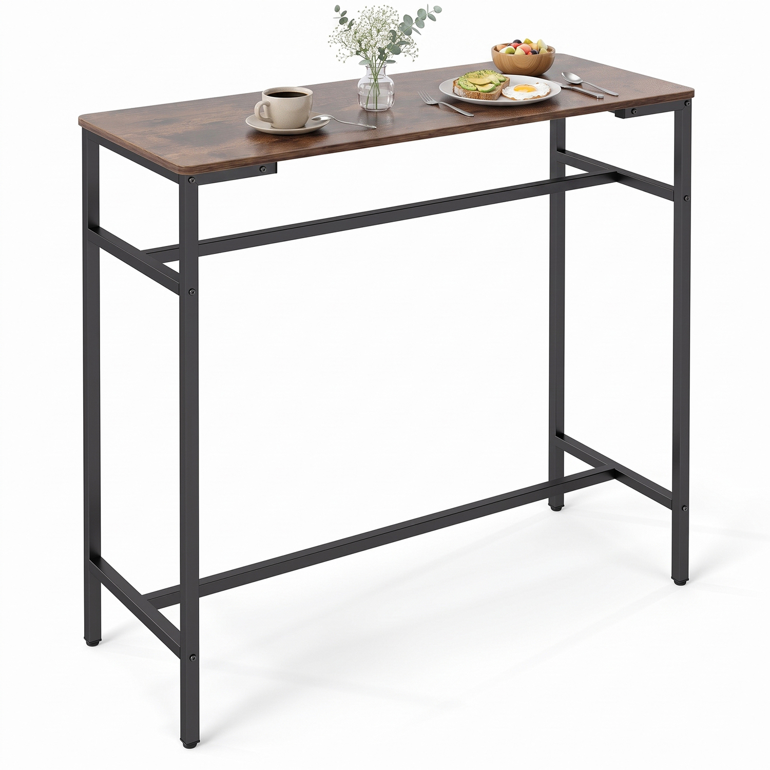 Costway Rectangular High Top Table With Footrest And Metal Frame - Brown