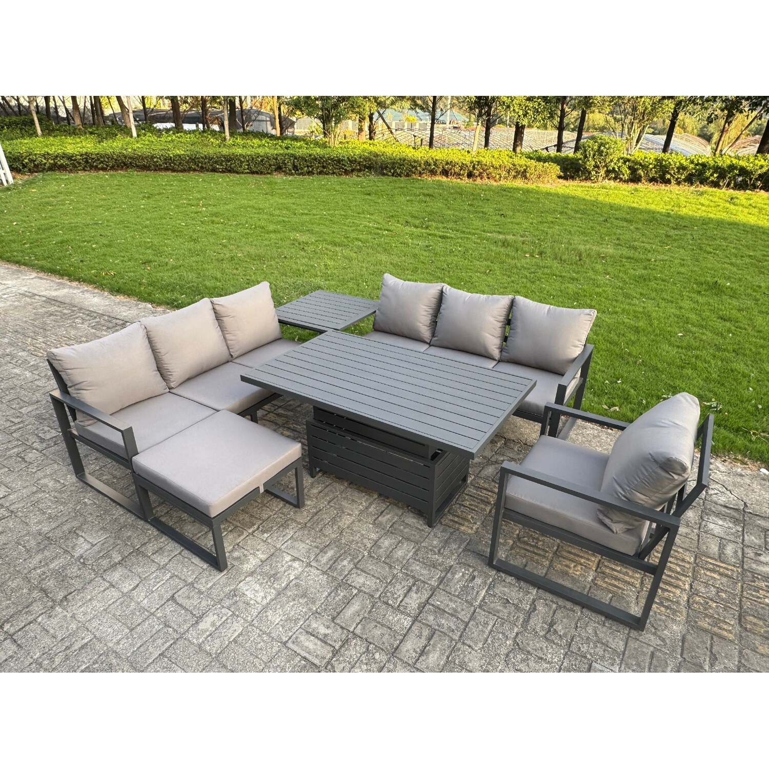 Fimous Aluminium Garden Furniture Sets,8 Seater Outdoor Sofa Dining Set With Adjustable Rising Lifting Dining Table Side Table Big Footstool For Yard, - Image 3