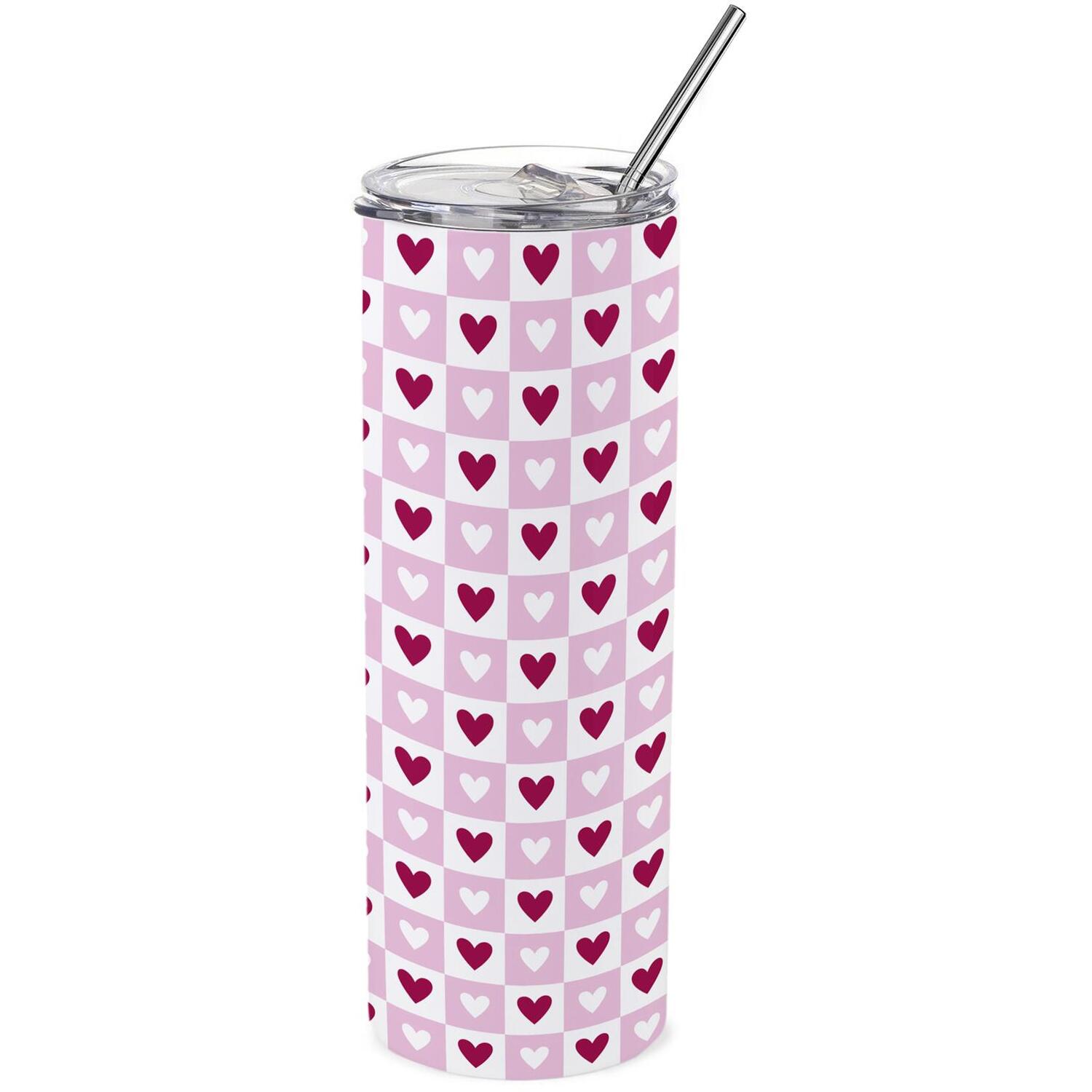 Purely Home Light Pink Hearts Stainless Steel Travel Tumbler With Straw