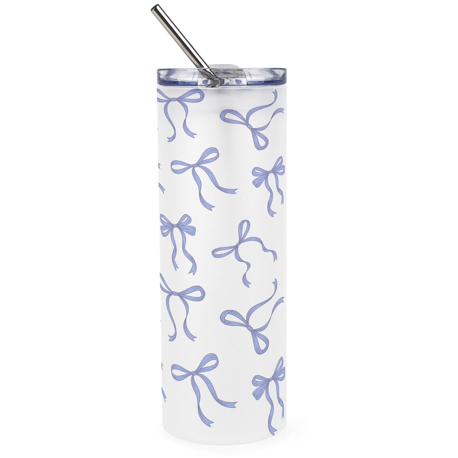 Blue Bows Glass Travel Flask - Reusable Frosted Drinks Cup Gift with Straw - Image 2