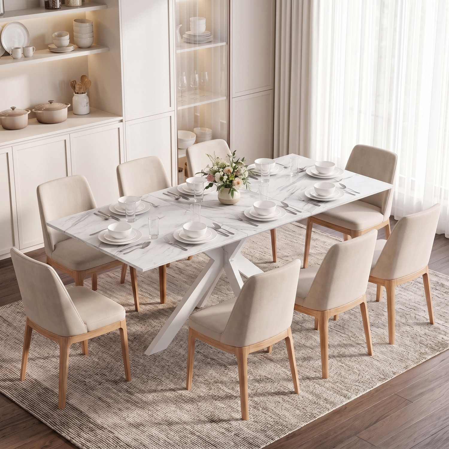 Homcom Unisex White Extendable Dining Table For 4-8 People, Marble Effect In 160Cm X 80Cm - Image 2