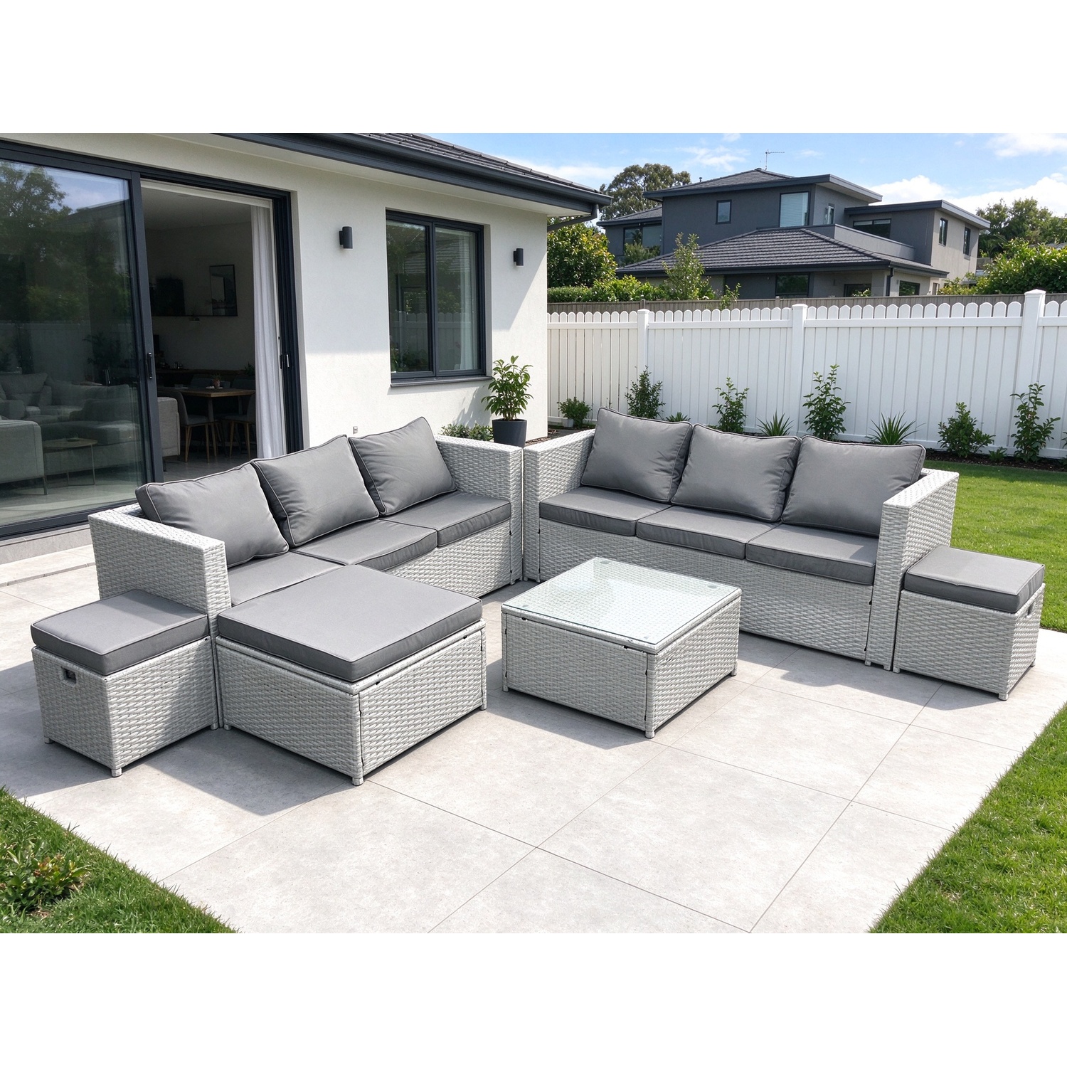 Fimous Unisex Light Grey Rattan Garden Outdoor Furniture Set Seater Rattan Garden Sofa Set With 3 Footstools Mixed Size 9 - Image 2