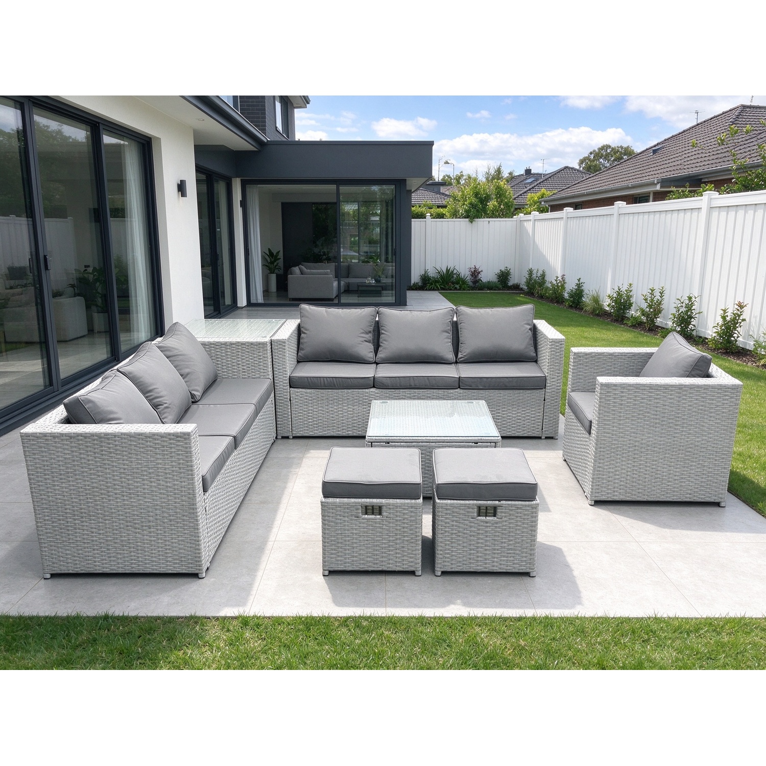 Fimous Wicker Pe Rattan Sofa Garden Furniture Set With Armchair Square Coffee Table 2 Small Footstools Side Table Light Grey Mixed - Image 3