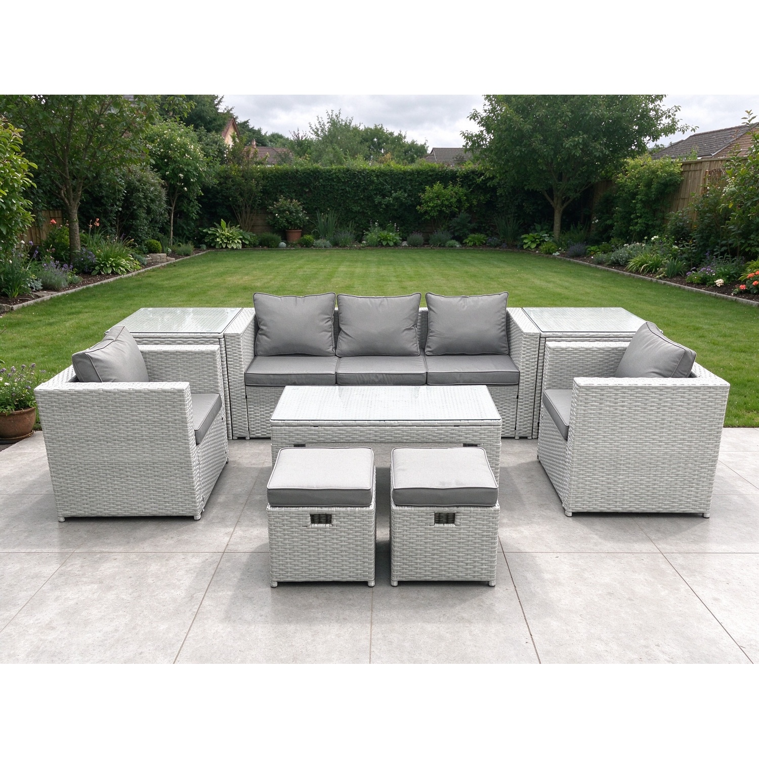Rackhams Light/Grey Rattan Garden Furniture Set 7 Seater Outdoor Garden Sofa Oblong Coffee Table Set With 2 Chairs 2 Stools 2 Side Tables Mixed - Image 2