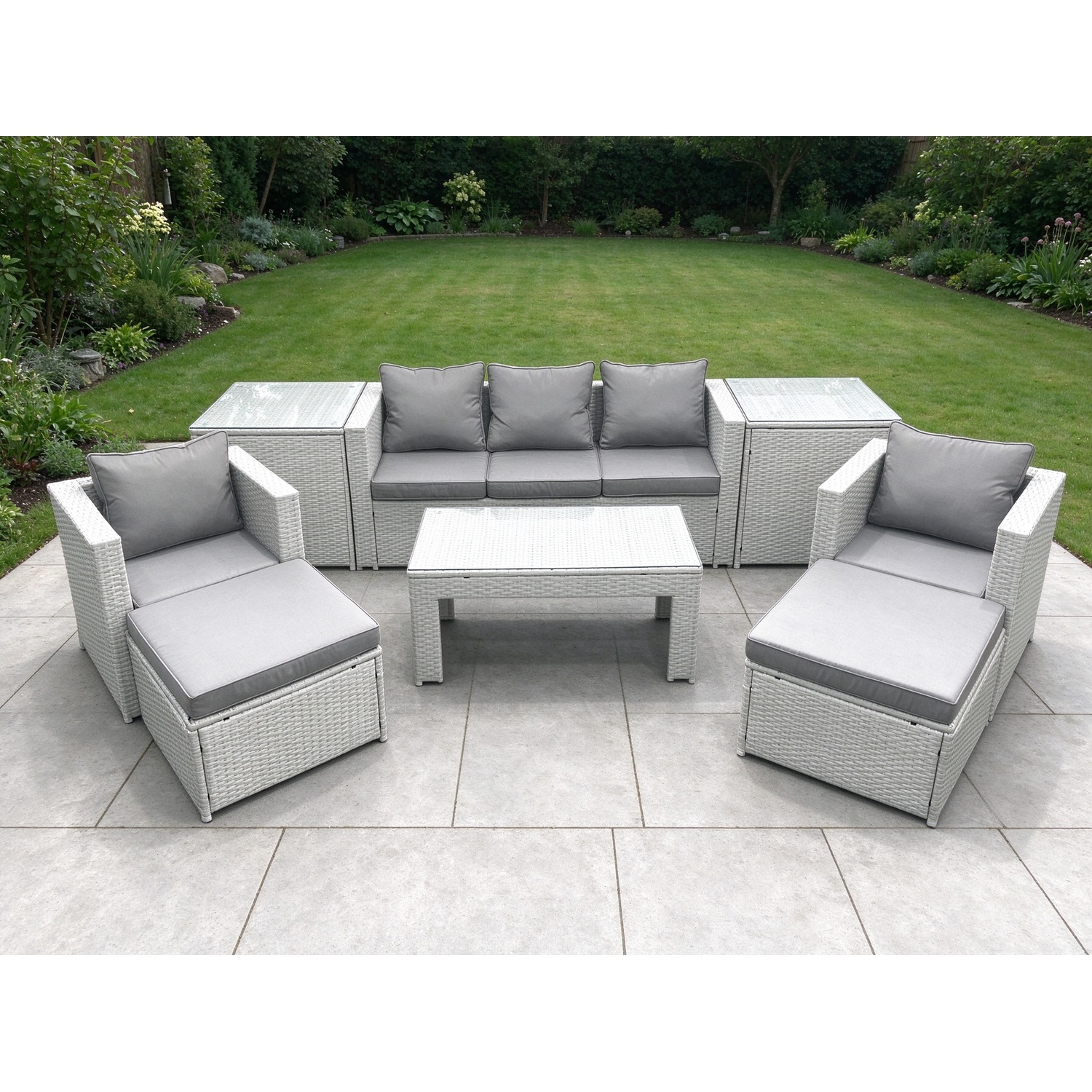 Fimous Rattan Garden Furniture Set 7 Seater Outdoor Garden Sofa 2 Chairs Oblong Coffee Table Set With 2 Stools 2 Side Tables Light Grey Mixed - Image 3