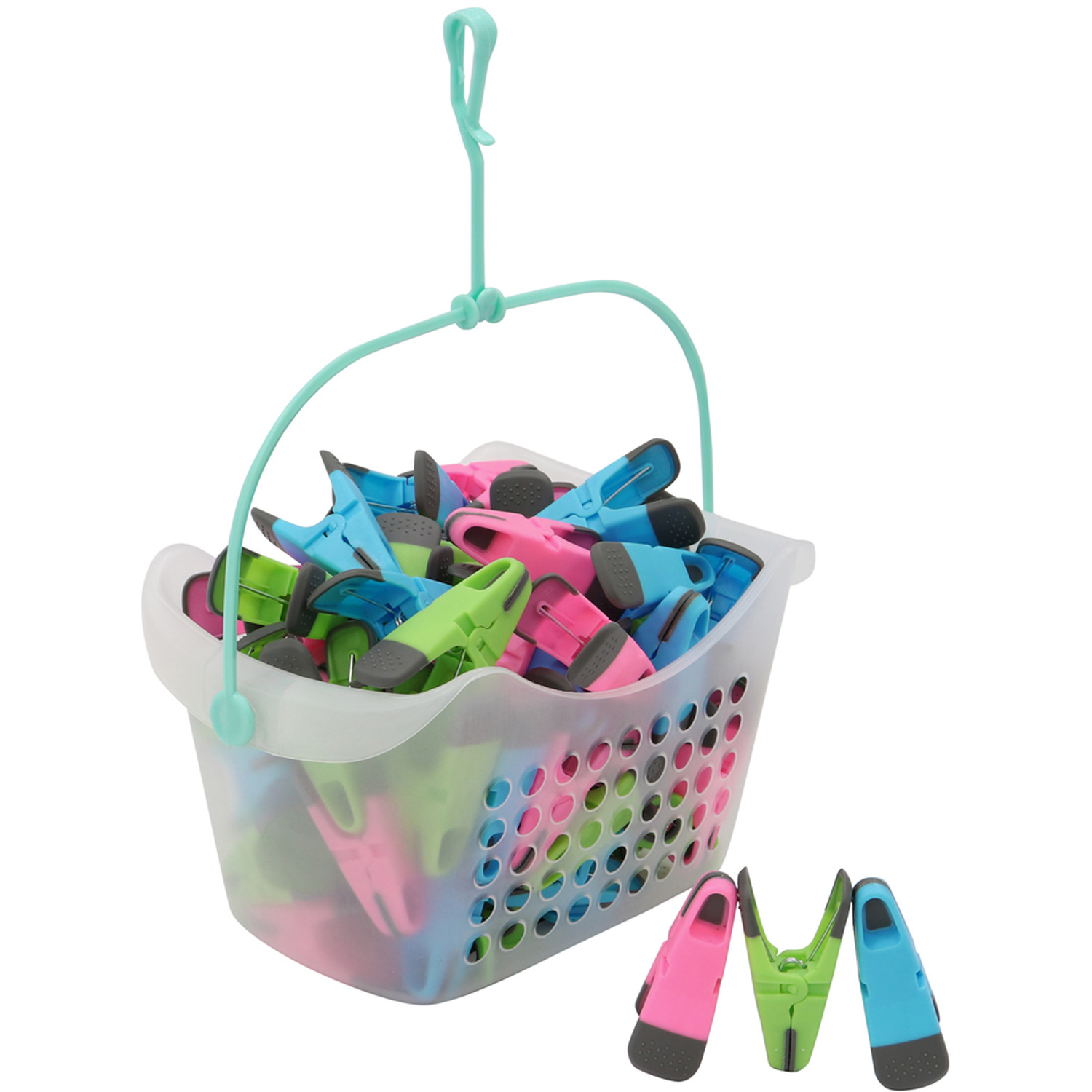 Image of JVL Plastic Peg Basket with 96 Prism Soft Touch Clip Pegs - Clear
