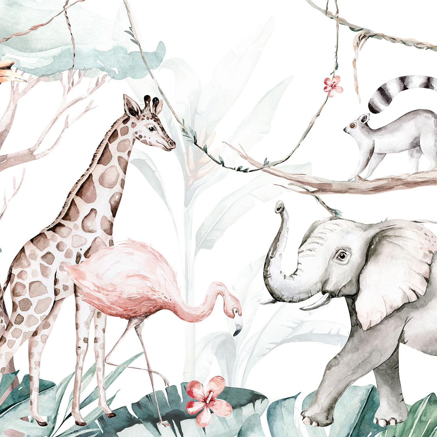 Jungle Friends Wall Mural - White / 260cmcm