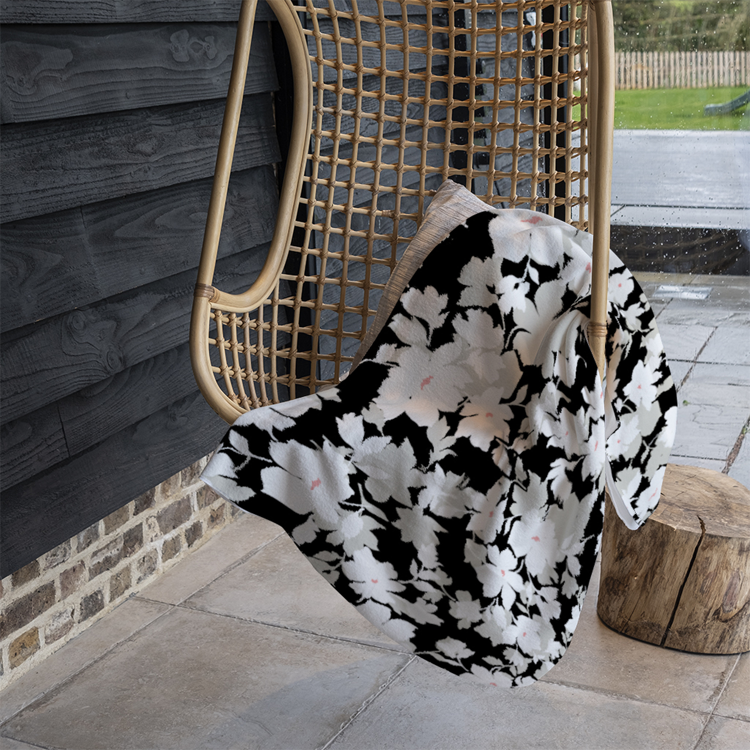 Grey White  Black Flowers Blanket - White