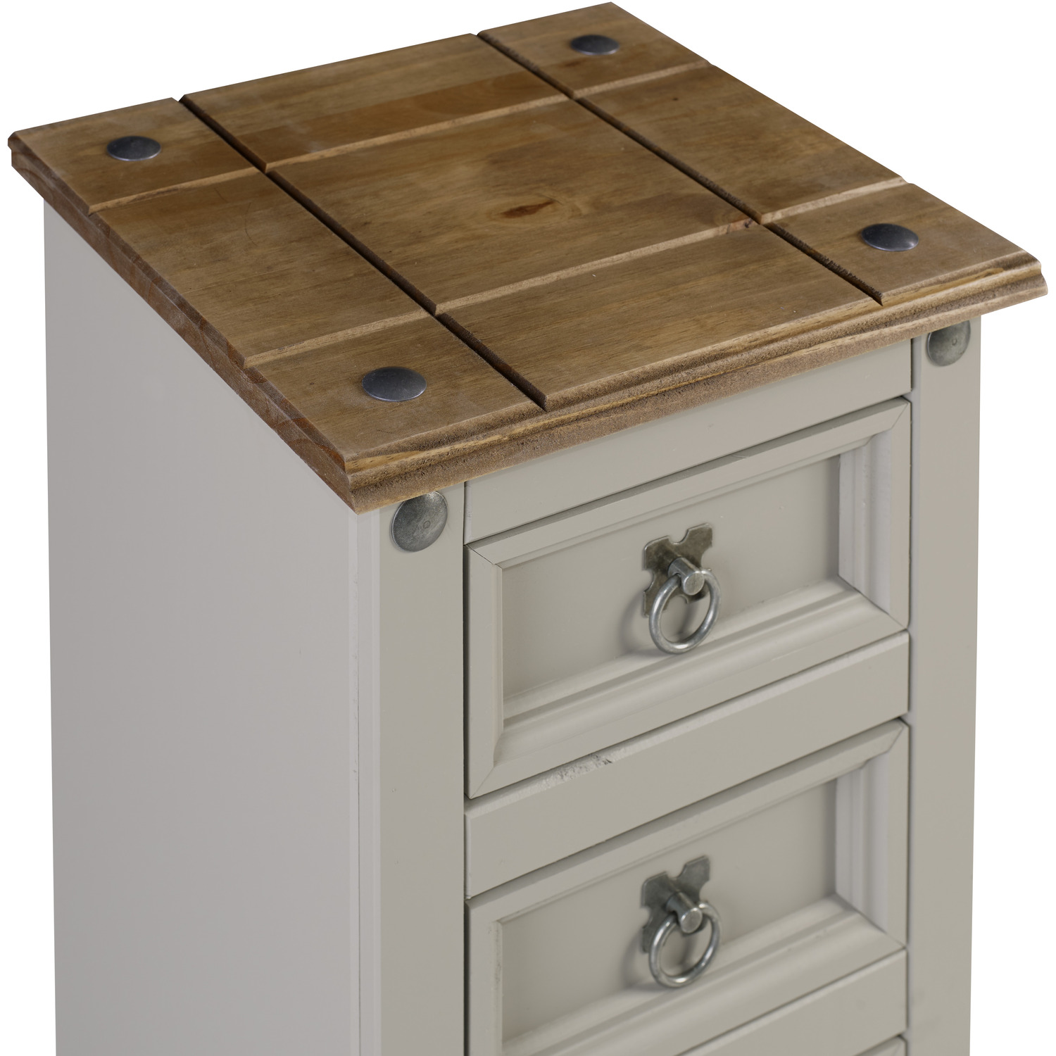 Corona Narrow 4 Drawer Bedside Cabinet Solid Wood Pine Wooden - Grey