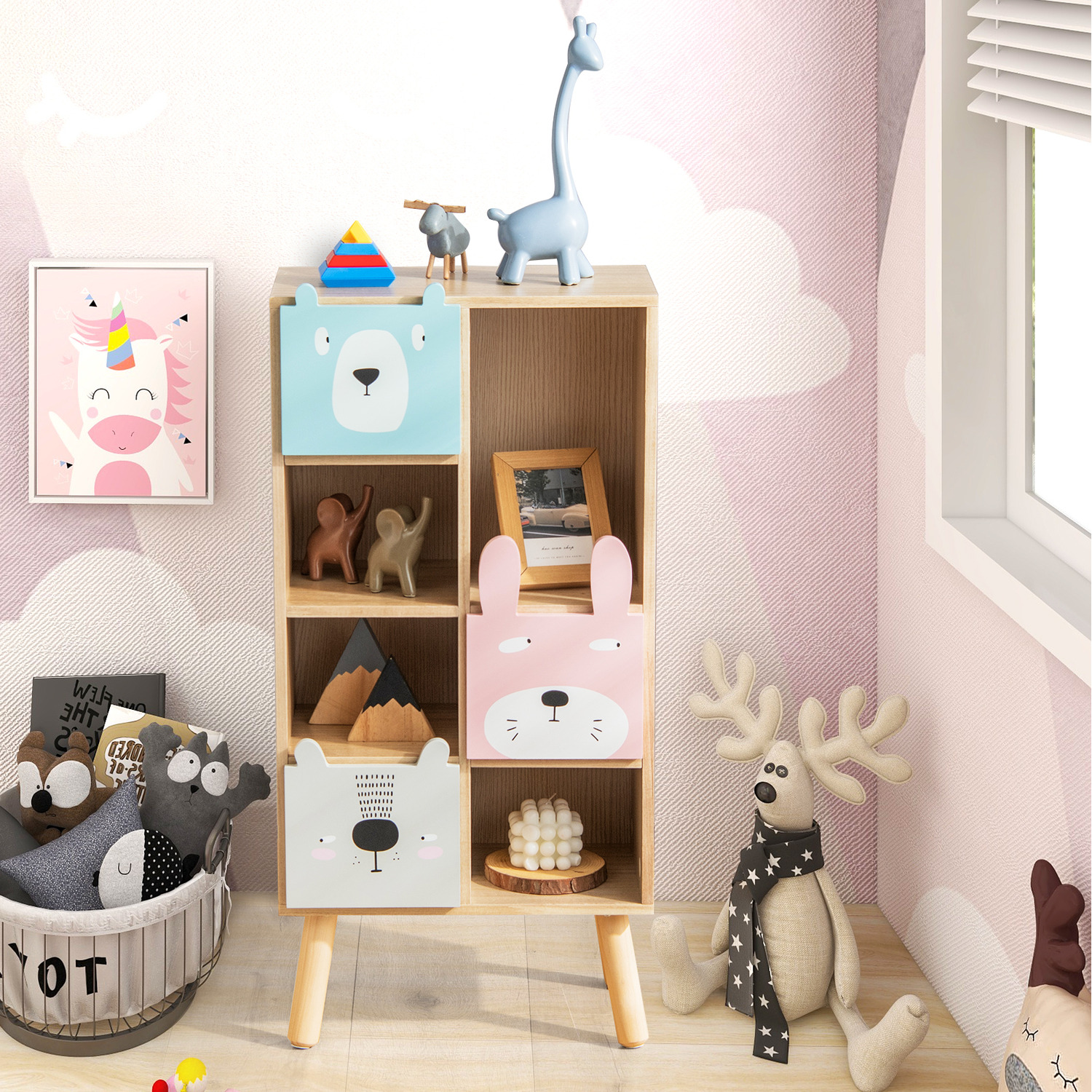 Costway Kids Bookcase Children Toy Storage Organizer Cabinet - Natural