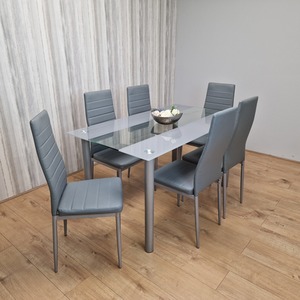 Grey Grey Glass Dining Table and 6 Faux Leather Chairs Set shot 4217634