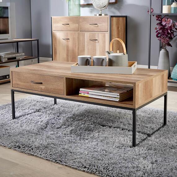 Home Source Oakmere 1 Drawer Industrial Coffee Table Storage Unit - NaturalBlack