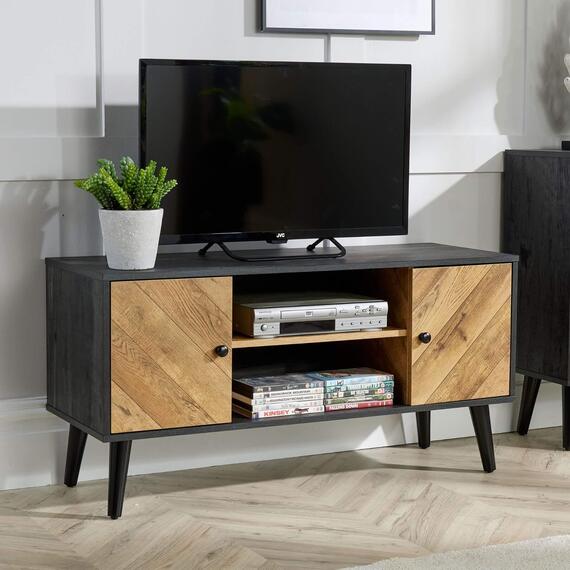 Home Source Dallas 2 Door Herringbone TV Stand Storage Unit