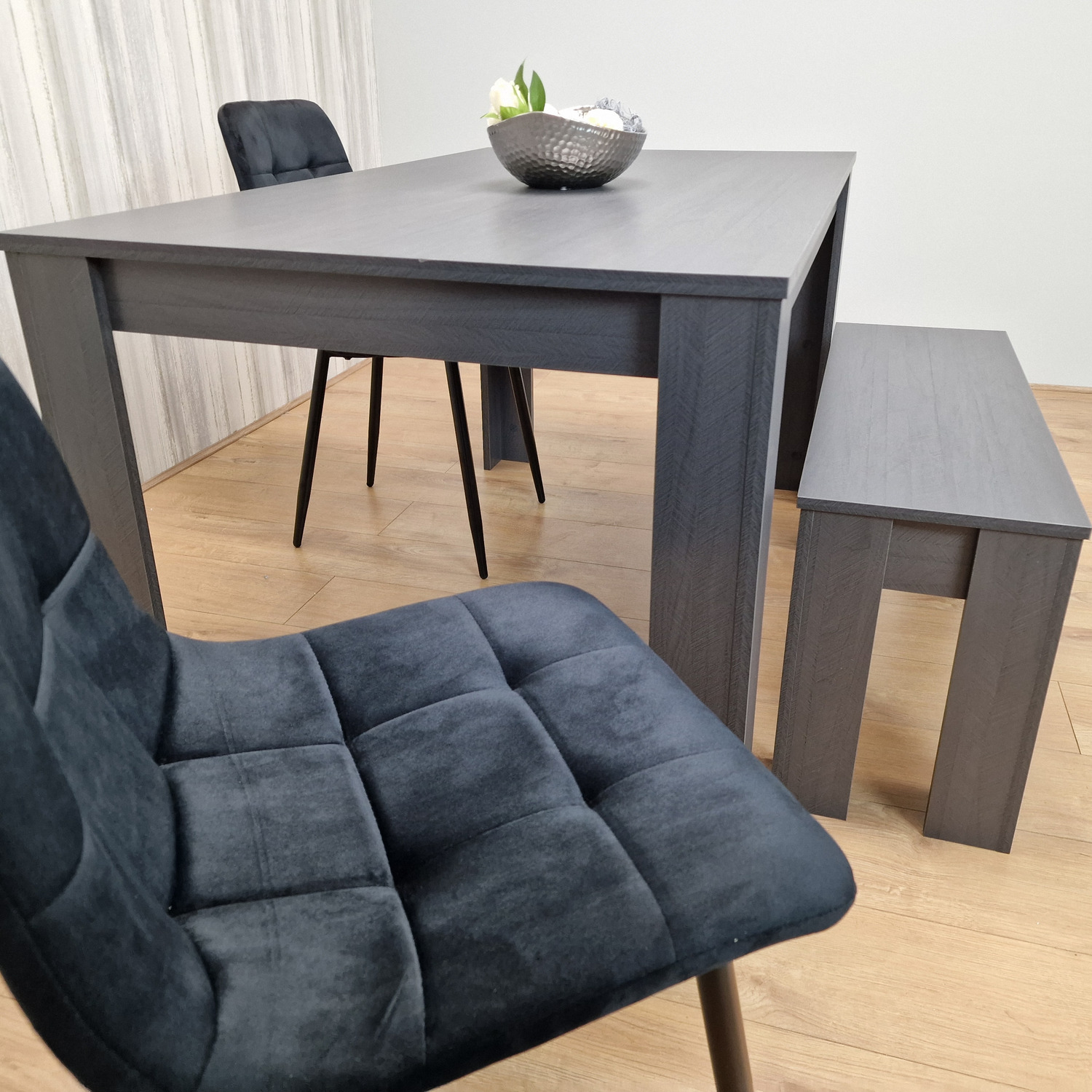 Dark Grey Dining Table Set with 2 Black Tufted Velvet Chairs and 1 Bench