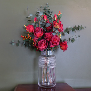 Red Rose and Eucalyptus Glass Diamond Vase