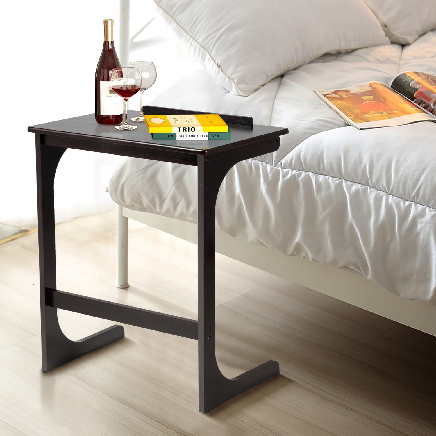 C-shaped Bamboo Sofa Side Table Tilting Top Tv Tray Table - Dark Brown